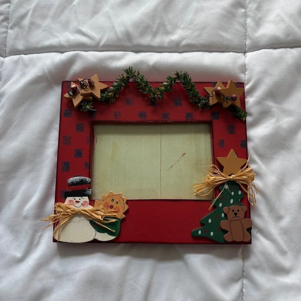 Vintage Rustic Wooden Christmas Picture Frame Snowman Bear Tree Holiday Decor